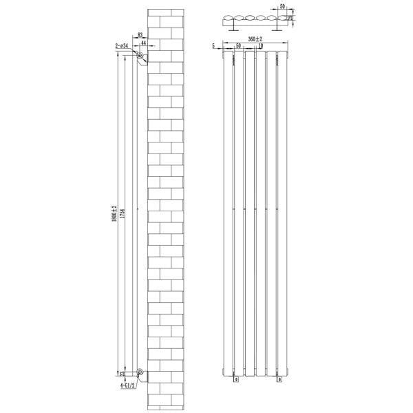 Anthracite grey oval single column radiator with dimensions 1800mm x 360mm, featuring sleek vertical lines and integrated valves
