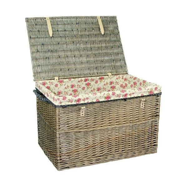Large Antique Wash Storage Wicker Basket with Garden Rose Lining