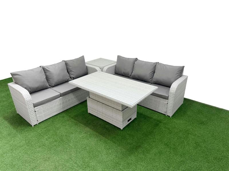 Fimous 6 Seater Wicker Rattan Garden Set, Adj Height Table, High Back Lounge Sofa and Side Table, Light Grey