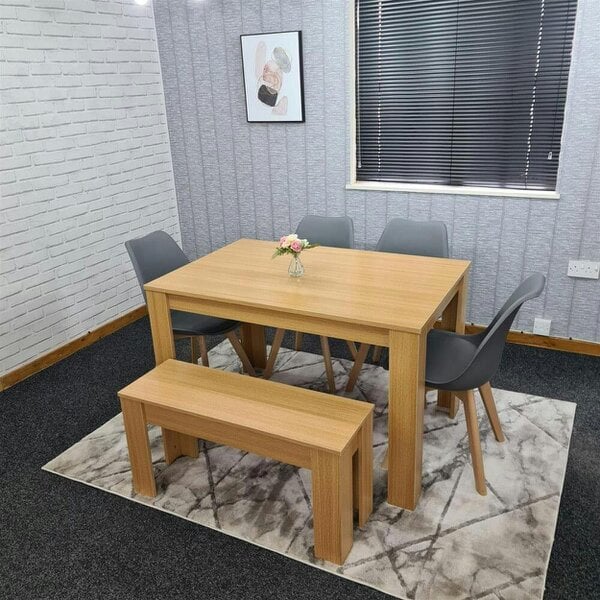 KOSY KOALA 6 Seater Modern Light Wood Dining Table Set with 4 Grey Plastic Tulip Chairs and Bench H75 x L140 x W80 cm