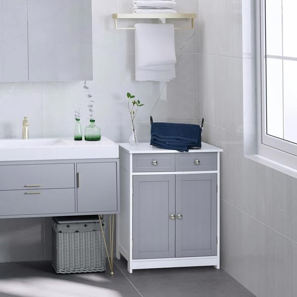 kleankin Bathroom Floor Storage Cabinet w/ 2 Drawers Door Cupboard Grey White - Multicolour