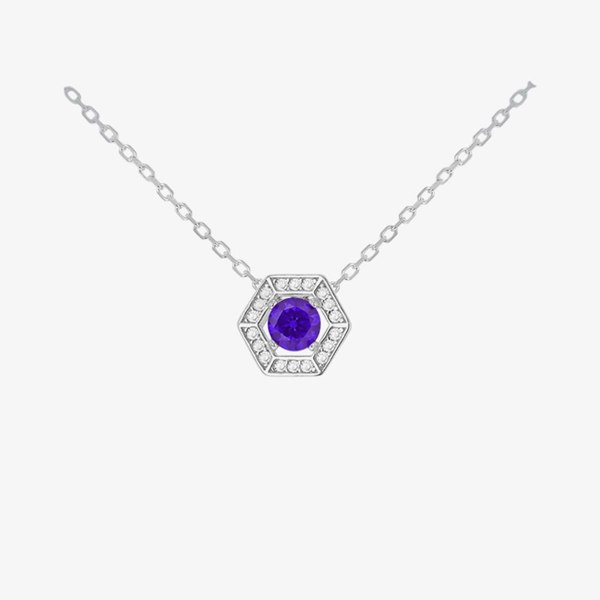 T. H. Baker Silver Rhodium Plated Purple Cubic Zirconia Hexagon Halo Pendant Necklace 8.19.2034