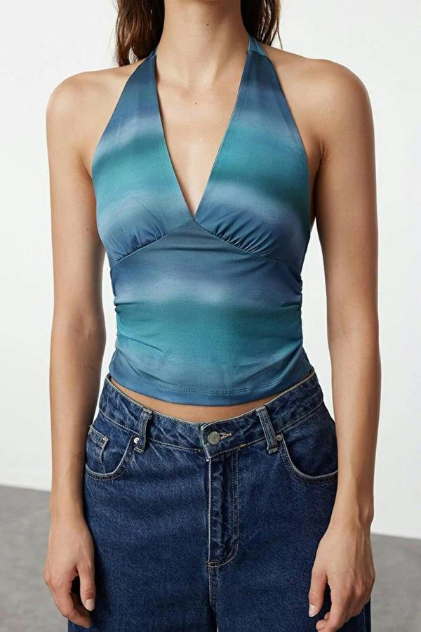 WOVCOR Halter Neck Patterned Fitted Crop Knit Blouse