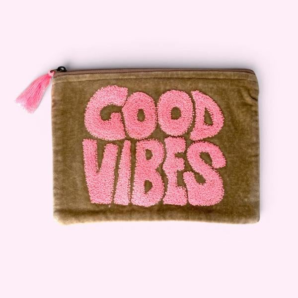 Hayley & Co Embroidered Velvet Make Up Bag | Everyday Pouch | Good Vibes in Beige and Pinks