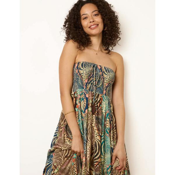 Blue Vanilla Bold Print Bandeau Shirred Maxi Dress