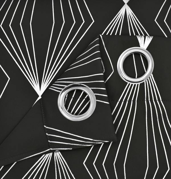 Velosso Elegant Geometric Foil Print Ring Top Thermal Blackout Curtains, Energy Saving Soft Fabric, Contemporary Style - 168cm x 229cm