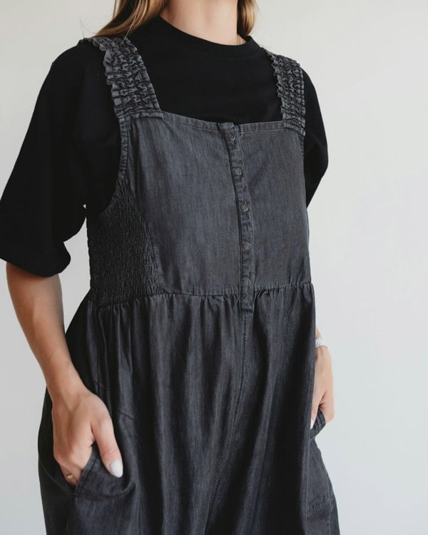 Alice Black Denim Smocking Strap Jumpsuit- image 5