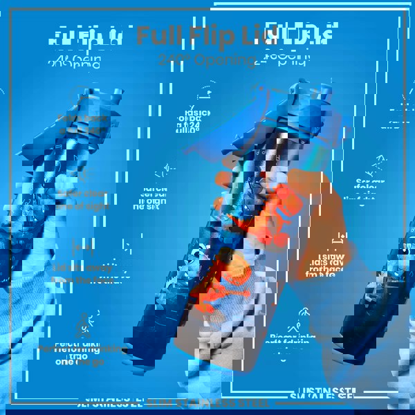 A slim stainless steel water bottle, with a full flip lid, is being held against a bright blue background. The lid provides a 240° opening. The bottle features a playful design. Full Flip Lid 240° Opening. SLIM STAINLESS STEEL.