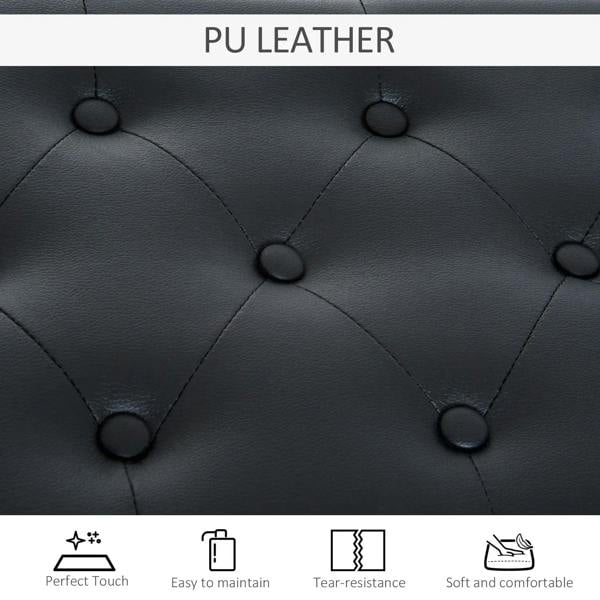 Black PU leather piano stool seat cover with diamond stitching and round tuft buttons