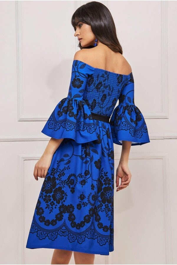 Goddiva Printed Off The Shoulder Midi Dress - Royalblue by Goddiva