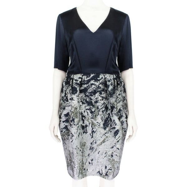 Prabal Gurung Midnight Blue Satin Silver Jacquard Bubble Skirt Dress