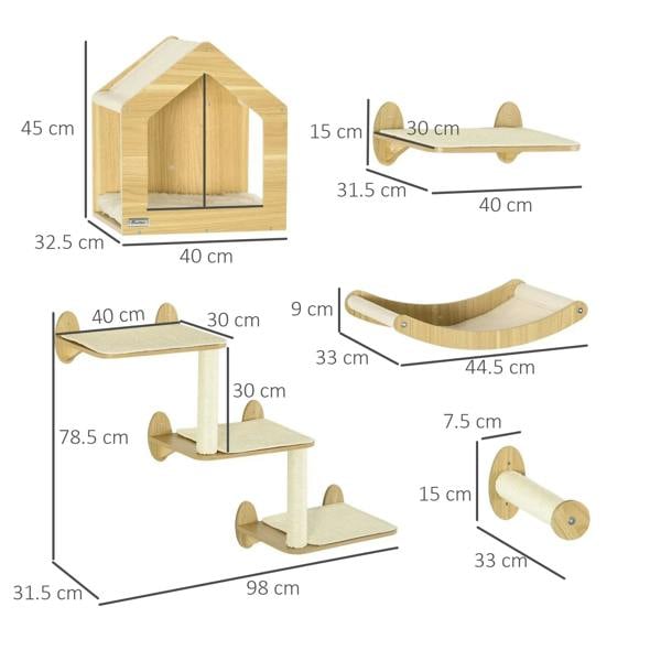 Beige 8-piece wall cat shelves set with house, perches, platforms, and scratching posts (dimensions)