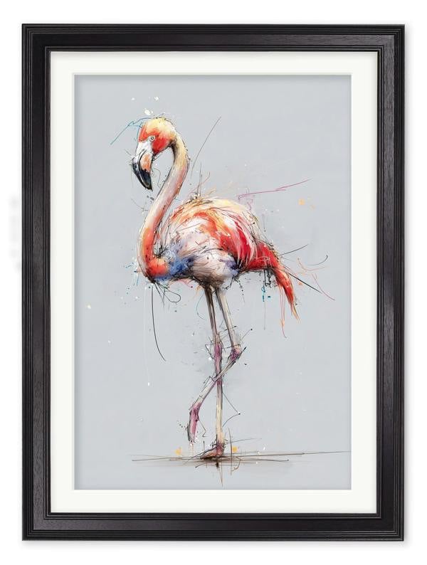 Exceptional Art Pink Flamingo Cosy Sketch - Black Hurstwood Frame