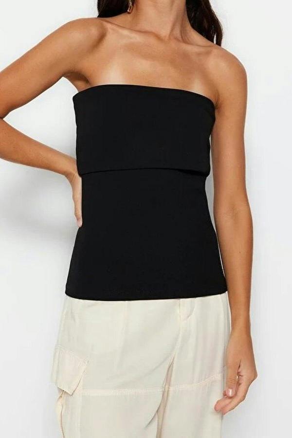 WOVCOR Strapless Neckline Side Zipper Crepe Knit Blouse