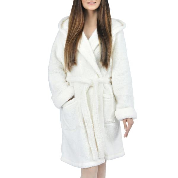 Smart Living Women's Faux Fur Fleece Hooded Bathrobe- Cream