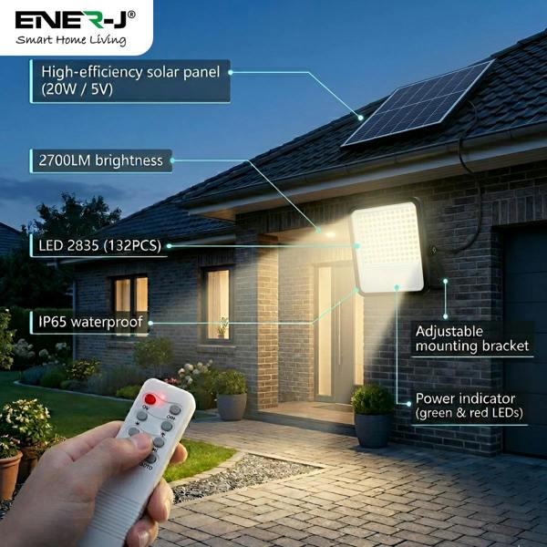 Smart home outdoor light with solar panel and remote control, featuring Ener-J branding.