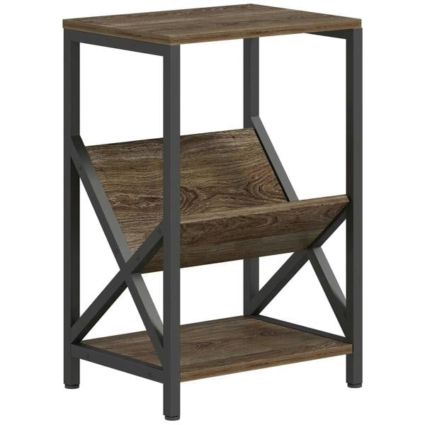Oak narrow end table with 3-tier storage and V-shaped magazine rack, dark metal frame