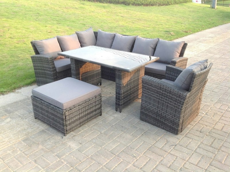 Fimous 8 Seater High Back Rattan Garden Furniture Set Corner Sofa With Black Tempered Dining Table Footstool With Arm Chair