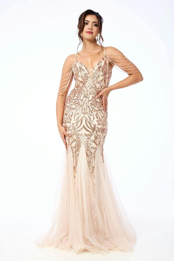 LuvForever Diora - Gold Jewelled Shoulder Sequin Maxi Dress