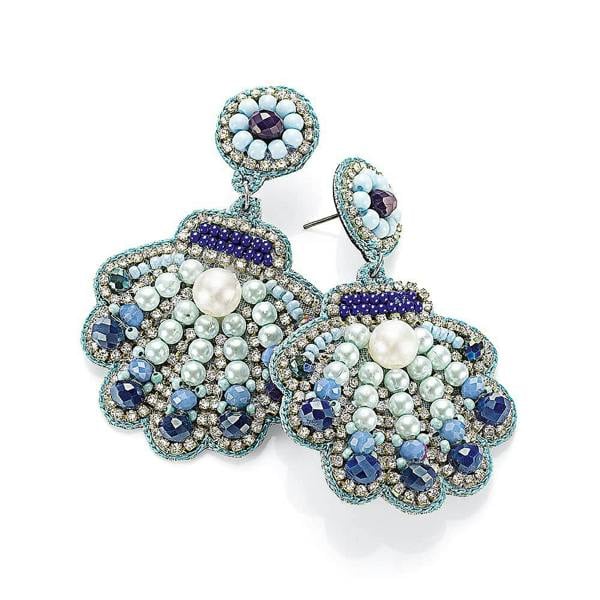 Pia Clam Shell Earrings, Blue & White Pearl Beaded Statement