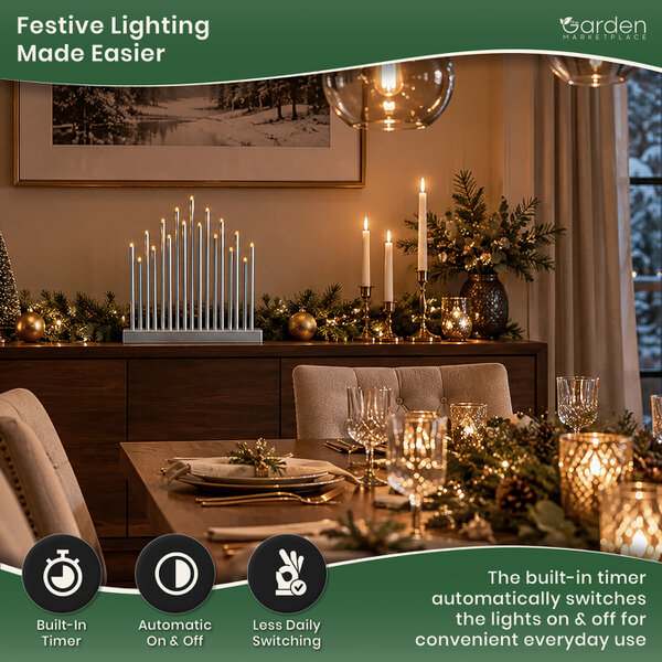 17-Light Silver Metallic Christmas Candle Bridge with LED Lights, Battery Operated Window Decoration, Timer Function, No Assembly
