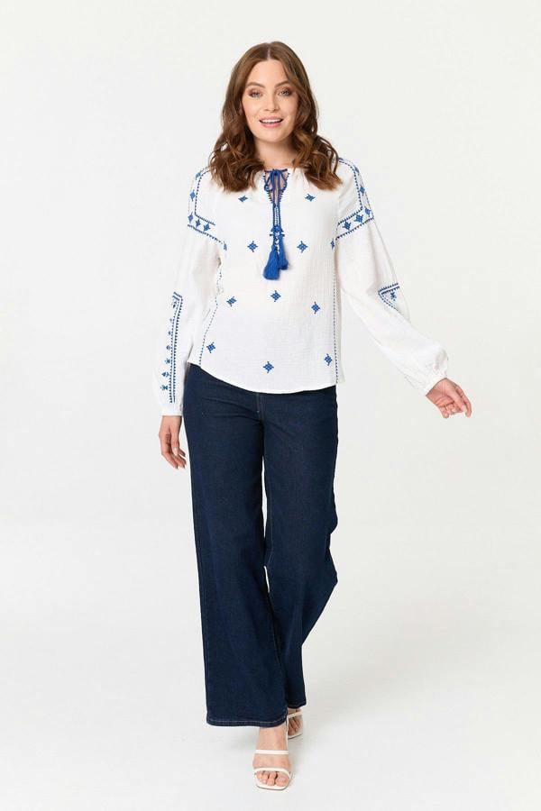 White | Printed Tassel Tie Neck Long Sleeve Top