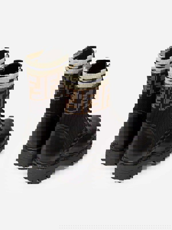 Fendi Kids Leather FF Logo Biker Boots in Black