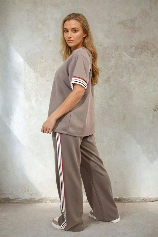 Jennifer Contrast Stripe Top And Wide Leg Trouser Co-ord Set - Mocha