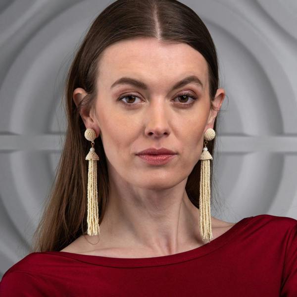 Long Off White Beaded Tassel Earrings for Women - namana.london