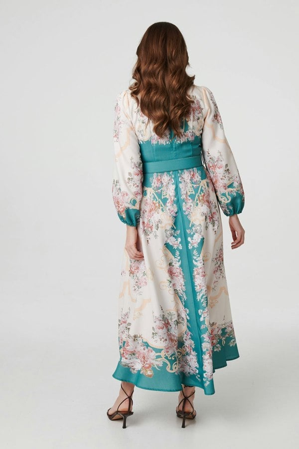 Green | Floral Button Detail Belted Maxi Dress
