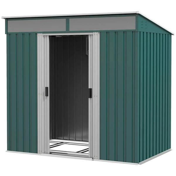 Green metal tool shed with double sliding doors open, white door panels and handle.