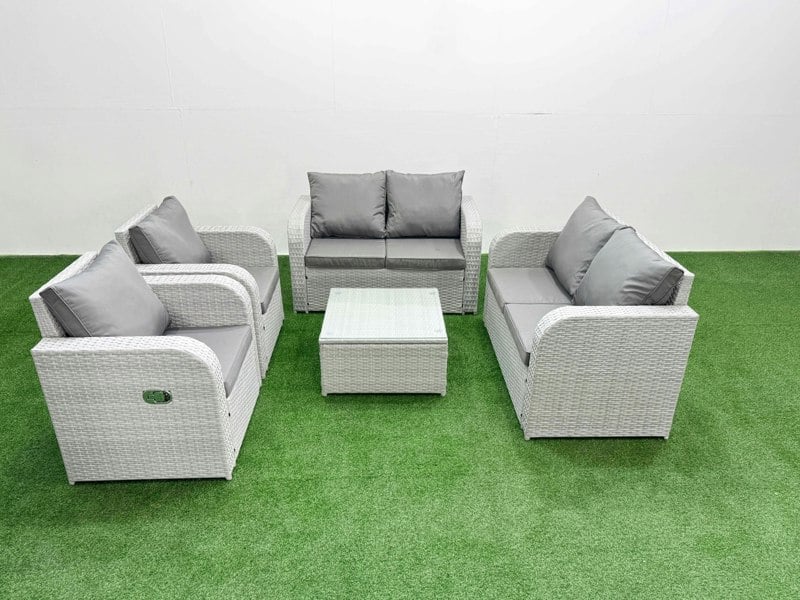 Fimous 6 Seater Outdoor Reclining Chair Love Sofa Set Rattan Garden Furniture Set with Square Coffee Table Light Grey