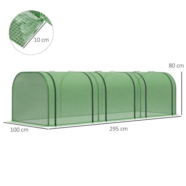Green mini polytunnel greenhouse frame with translucent cover and zipped door openings