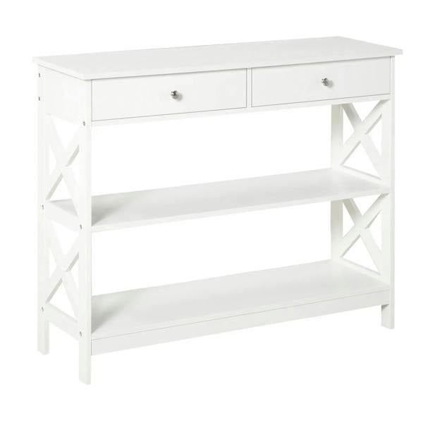 White console table with 2 drawers and open lower shelves, X-style side frames