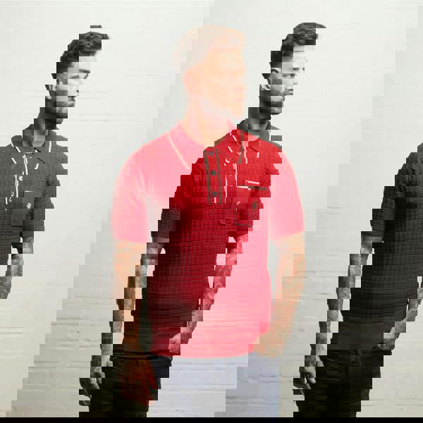 Gabicci V55GM28 Mens Roy Short Sleeve Archive Knitted Three Button Polo Gabicci Vintage - CHERRY