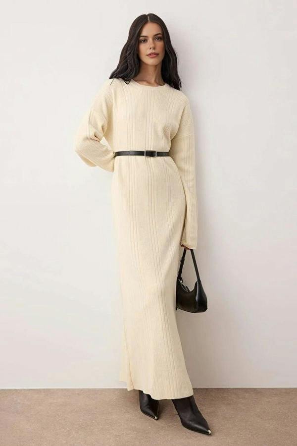 WOVCOR Belted Knit Ribbed Dress