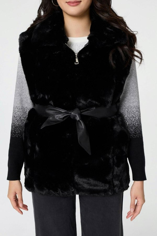 Black | Faux Fur Sleeveless Tie Waist Gilet
