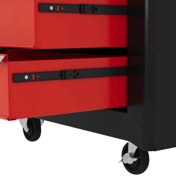Interior red drawers with locking latches on steel tool chest
