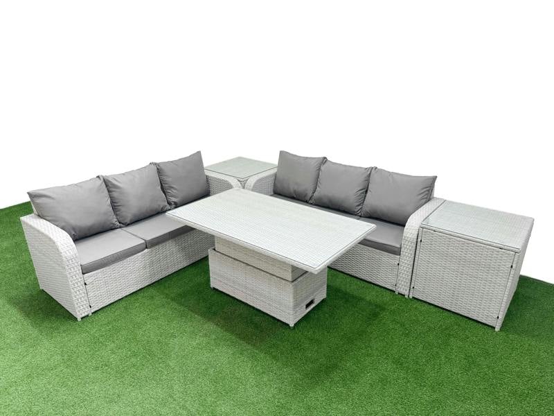 Fimous 6 Seater Patio Sofa Set, Rattan Garden Furniture, Adj Height Table, High Back Lounge Sofa and 2 Side Tables, Light Grey
