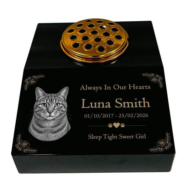 Memorials Direct Cat Memorial Granite Photo Desk - Floral Design