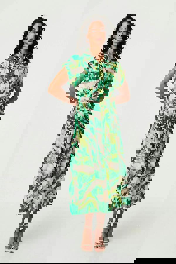 Green | Printed Cap Sleeve Belt Waist Midi Dress
