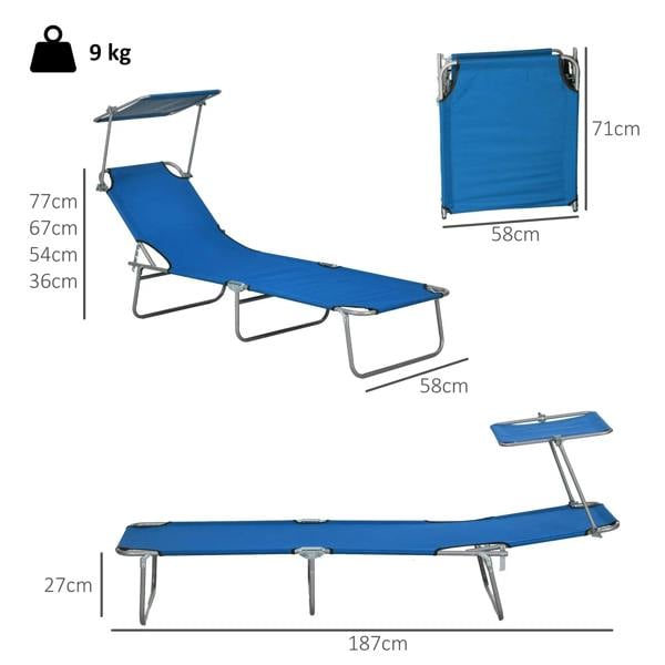 Blue adjustable folding sun lounger chair with canopy shade, shown with measurements