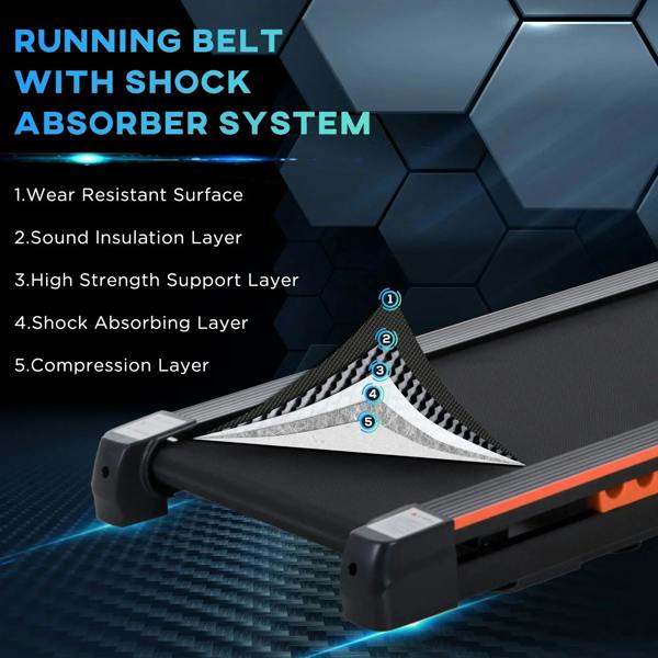 Treadmill running belt area showing shock-absorber layers and orange trim on base.