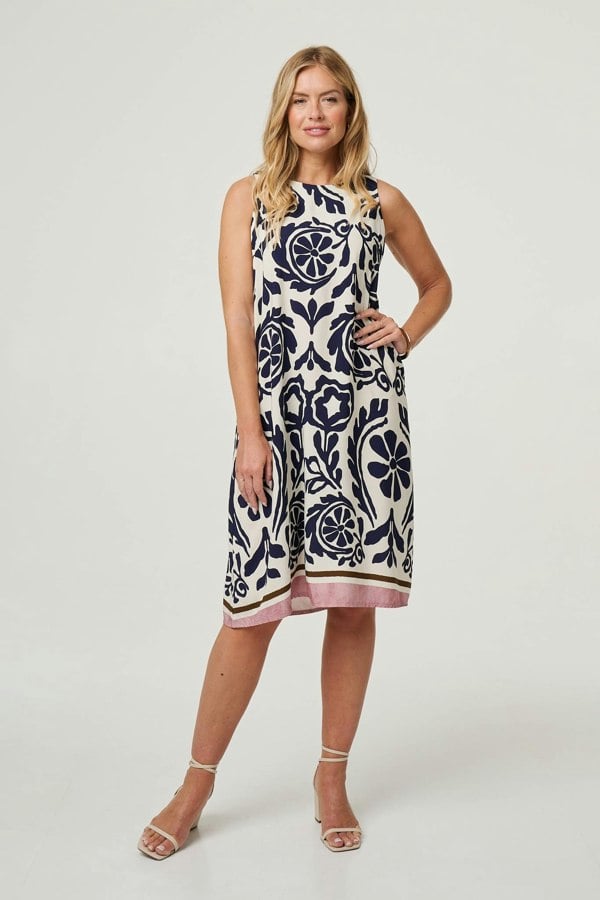 Navy | Printed Sleeveless Midi Shift Dress
