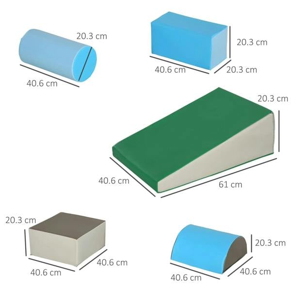 5-piece foam activity blocks set with blue tunnel, green slide, and beige cubes