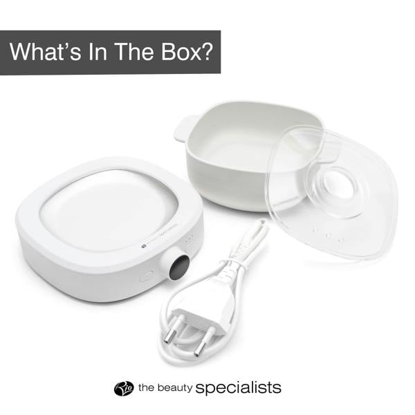 The Rio Go Smooth Hair Removal Wax Heater, shown with a nozzle, measuring cup, and clear lid on a white background. Text reads Whats In The Box? by the beauty specialists—perfect before professional hair removal.