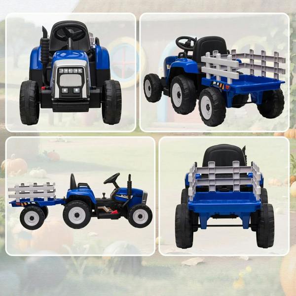 Blue ride-on tractor shown from multiple angles with detachable gray trailer