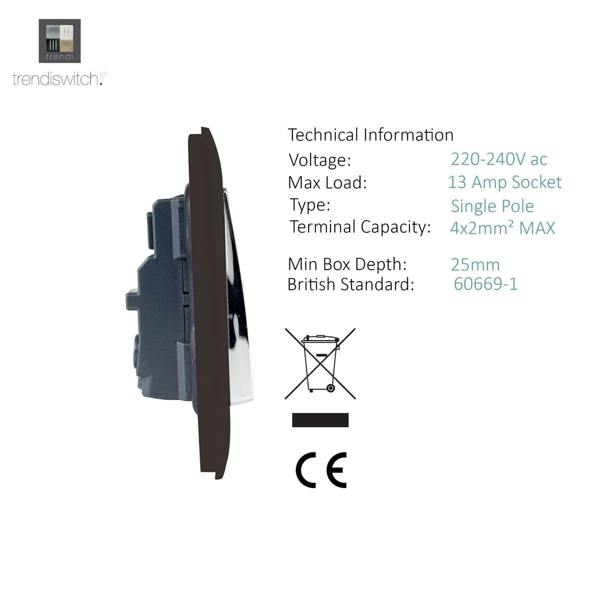 Trendi Switch 2 Gang Long Switched Plug Socket in Dark Mocha Brown