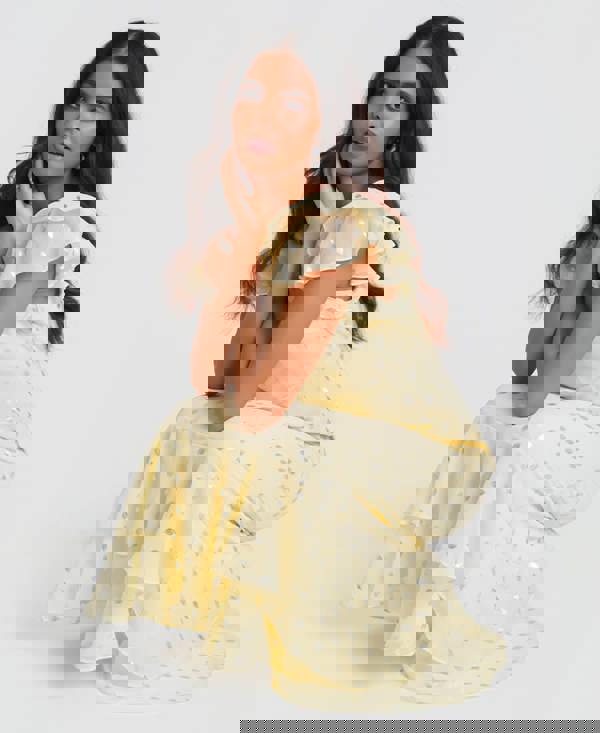 Lemon Flutter Sleeve Foil Midi Dress