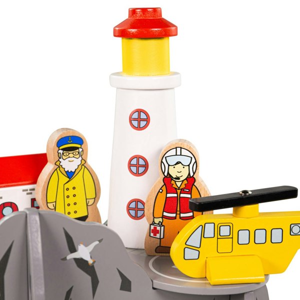 Bigjigs Rail Wooden Lighthouse 4-Way Tunnel - Includes Cottage, Lighthouse Keeper & More